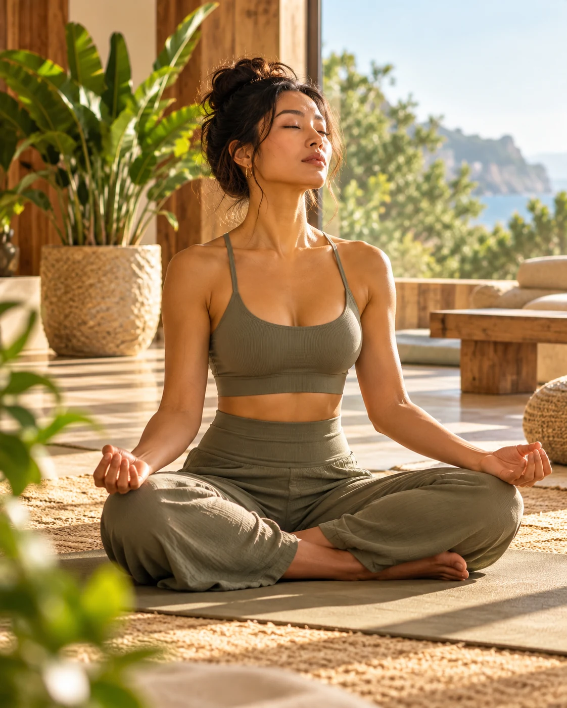 Femme asiatique assise en méditation, les yeux fermés et les mains posées sur les genoux