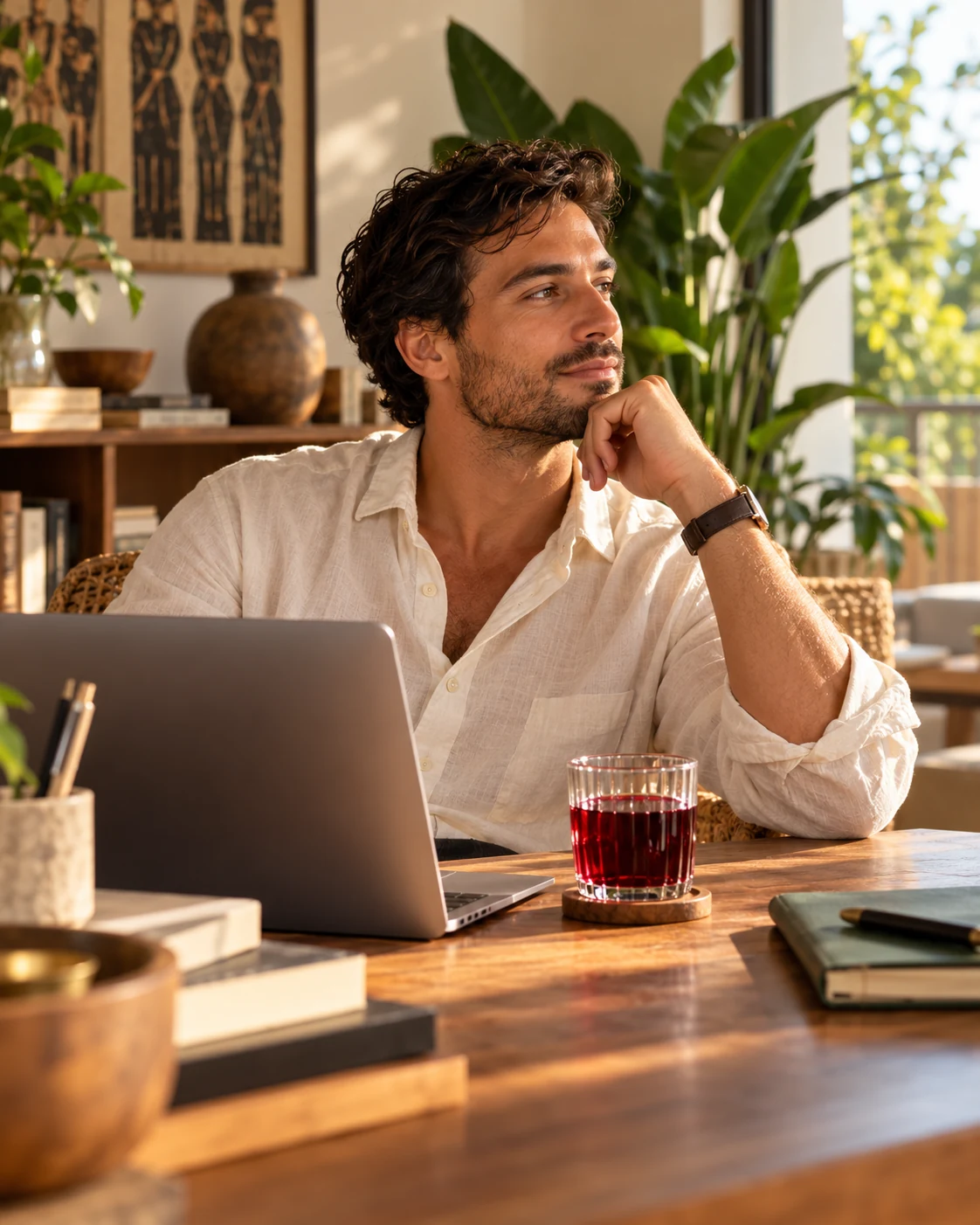 Homme au bureau prenant une pause à côté de son ordinateur et d’un verre de bissap