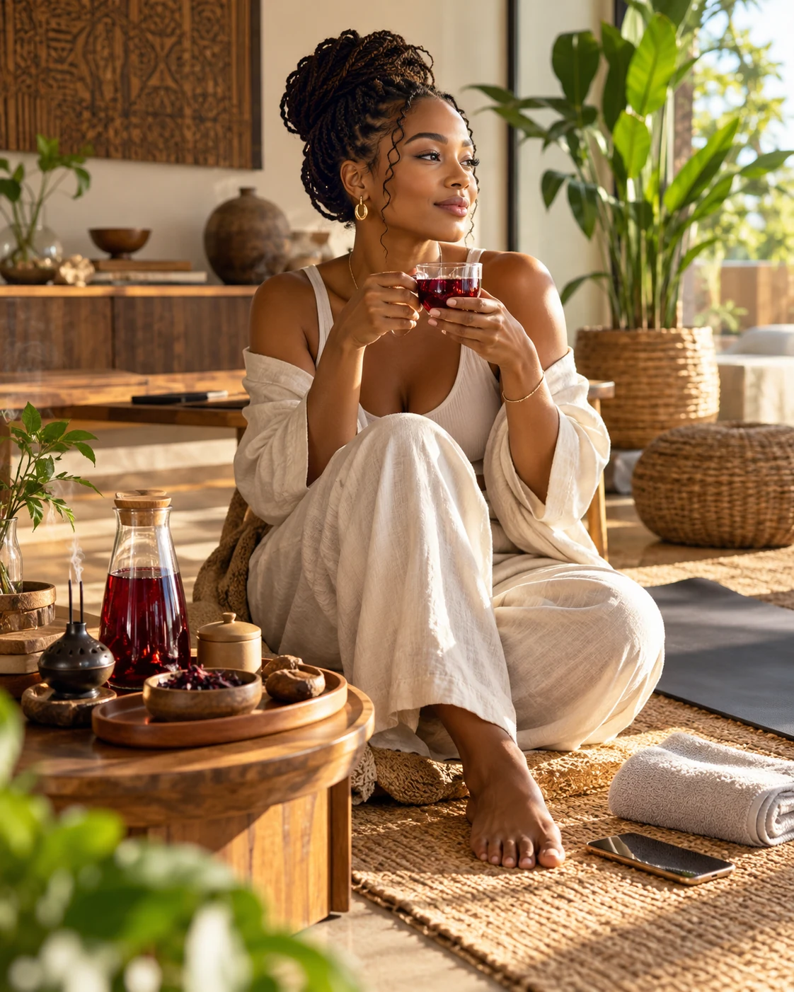 Femme avec une infusion de bissap et des ingrédients traditionnels dans un intérieur chaleureux